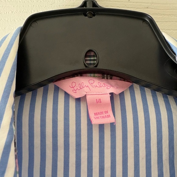 Lilly Pulitzer Blue & White Striped Ruffle Button-Down Shirt Size 14 - Picture 2 of 4